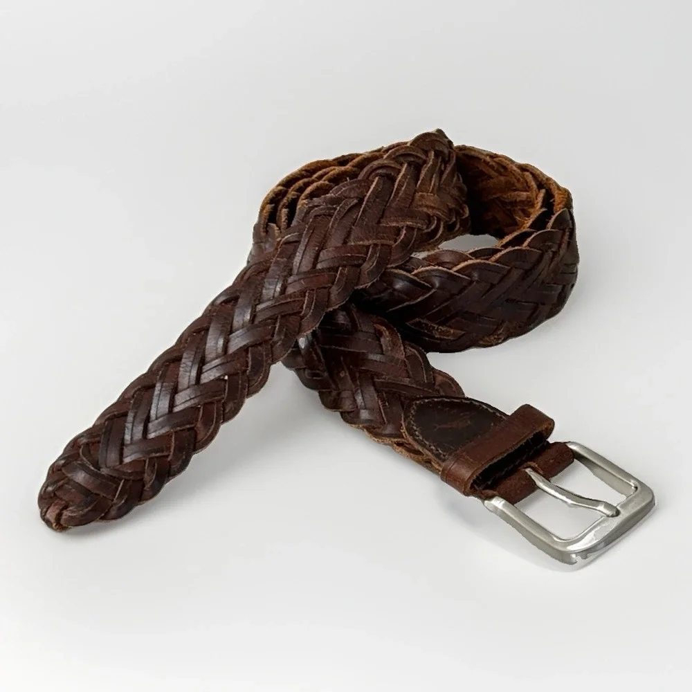 Tommy Bahama Leather Braided Belt Brown w/Silver Tone Hardware - Sz L 38-40 Wide